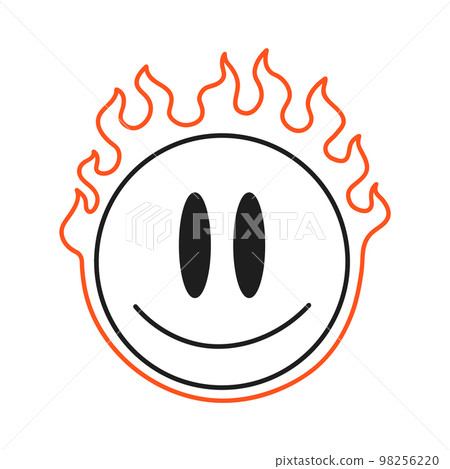 Smile face burn in fire t-shirt print design. Vector cartoon character illustration. Smile face,burn,flame,fire print for t-shirt, poster concept Smile face burn in fire t-shirt print design. Vector cartoon character illustration. Smile face,burn,flame,fire print for t-shirt, poster concept 98256220