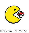 Funny smile face eat amanita mushroom. Vector pixel bit style 90s cartoon character illustration. Smile face, pixel, amanita mushroom print for t-shirt,poster,card,patch, logo concept 98256229