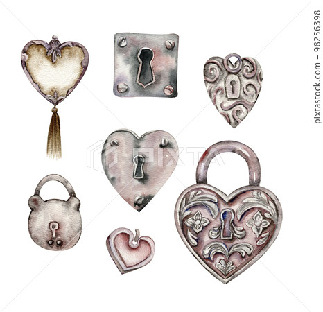 Watercolor illustration of an old rusty element carved locks set . Hand-drawn in watercolour on a white background. Perfect for wedding invitation, greetings card, posters, party decor. 98256398