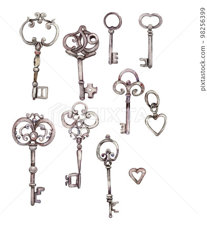 Watercolor illustration of an old rusty element carved keys set. Hand-drawn in watercolour on a white background. Perfect for wedding invitation, greetings card, posters, party decor. 98256399