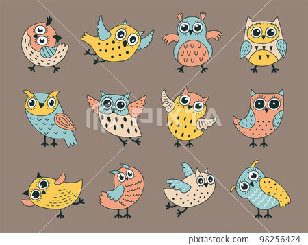 Owl characters. Funny decorative birds with stylized feathers recent vector cute pictures in boho style 98256424