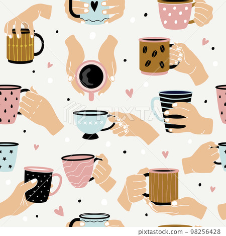 Mugs pattern. People holding hot cups recent vector seamless templates 98256428