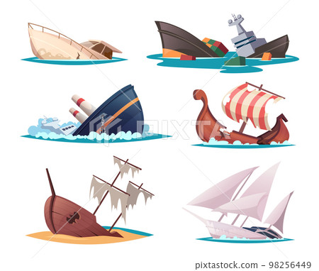 Broken ship. Damaged sailor boats swim accident crash brigantine exact vector cartoon ship illustrations 98256449