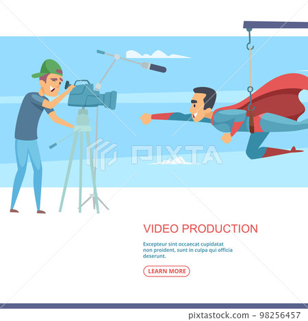 Video production. camera operator filming flying super hero. Vector concept background Video production. camera operator filming flying super hero. Vector concept background 98256457