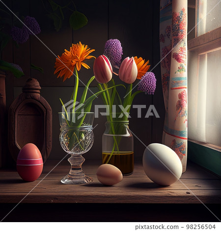 Still life with tulips in glass vase and eggs, on a wooden table by the window Still life with tulips in glass vase and eggs, on a wooden table by the window 98256504