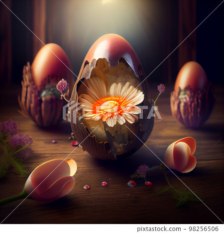 Still life with a white daisy lying inside a wooden egg, on a wooden table. intelligence Still life with a white daisy lying inside a wooden egg, on a wooden table. intelligence 98256506