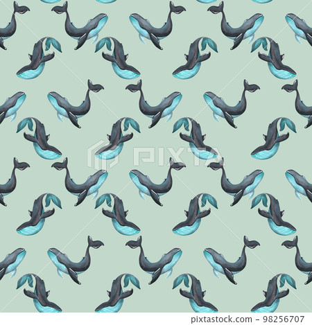 Big black whales with turquoise. Watercolor illustration. Seamless pattern from the collection of WHALES. For decoration and design of fabrics, textiles, wallpaper, wrapping paper, beach and summer. Big black whales with turquoise. Watercolor illustration. Seamless pattern from the collection of WHALES. For decoration and design of fabrics, textiles, wallpaper, wrapping paper, beach and summer. 98256707