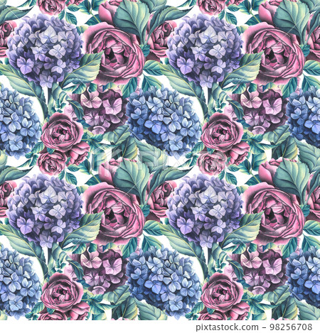 Hydrangea flowers are pink, lilac and blue with rosebuds. Watercolor illustration. Seamless pattern from the WEDDING FLOWERS collection. For decoration and design of fabric and textiles, wallpaper. Hydrangea flowers are pink, lilac and blue with rosebuds. Watercolor illustration. Seamless pattern from the WEDDING FLOWERS collection. For decoration and design of fabric and textiles, wallpaper. 98256708