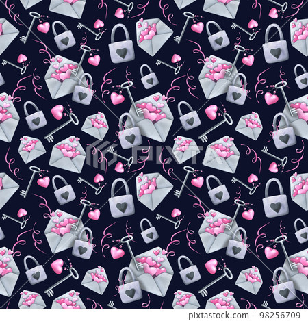 Cute envelopes with pink hearts, gray keys and locks. Watercolor illustration. Seamless pattern on a dark background from the VALENTINE's DAY collection. For decoration and design Cute envelopes with pink hearts, gray keys and locks. Watercolor illustration. Seamless pattern on a dark background from the VALENTINE's DAY collection. For decoration and design 98256709