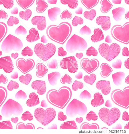Bright pink hearts of different textures on a white background. Watercolor illustration. Seamless pattern from the VALENTINE'S DAY collection. For packaging paper, decoration and design. Bright pink hearts of different textures on a white background. Watercolor illustration. Seamless pattern from the VALENTINE'S DAY collection. For packaging paper, decoration and design. 98256710