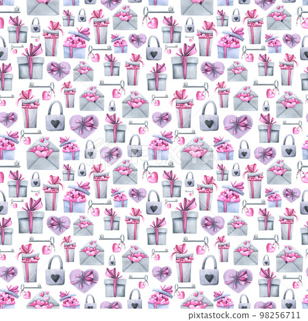 Gift boxes of different shapes and an envelope with pink hearts, a lock with a key. Watercolor illustration. Seamless pattern on a white background from the VALENTINE's DAY collection. For the design Gift boxes of different shapes and an envelope with pink hearts, a lock with a key. Watercolor illustration. Seamless pattern on a white background from the VALENTINE's DAY collection. For the design 98256711