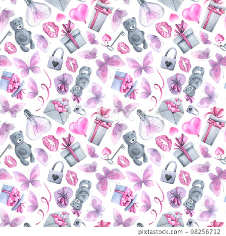 Gifts, boxes, bow, toy bears, butterflies, kisses, hearts on a white background. Watercolor illustration. Seamless pattern from the VALENTINE'S DAY collection. For decoration and design Gifts, boxes, bow, toy bears, butterflies, kisses, hearts on a white background. Watercolor illustration. Seamless pattern from the VALENTINE'S DAY collection. For decoration and design 98256712