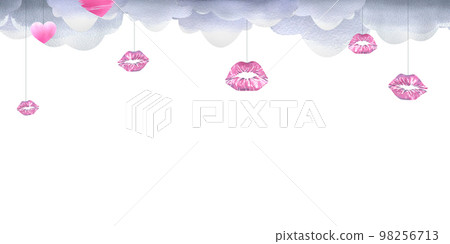 Gray clouds with pink lip prints, lipstick, kisses. Watercolor illustration. Seamless banner pattern from the VALENTINE'S DAY collection. For registration and design of invitations, cards, posters. Gray clouds with pink lip prints, lipstick, kisses. Watercolor illustration. Seamless banner pattern from the VALENTINE'S DAY collection. For registration and design of invitations, cards, posters. 98256713