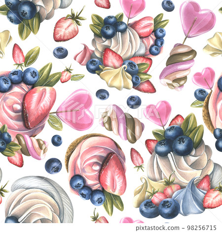 Cream cakes with marshmallows, meringue, strawberries, blueberries and lollipops. Watercolor illustration. Seamless pattern on a white background from the collection of SWEETS. For design. Cream cakes with marshmallows, meringue, strawberries, blueberries and lollipops. Watercolor illustration. Seamless pattern on a white background from the collection of SWEETS. For design. 98256715