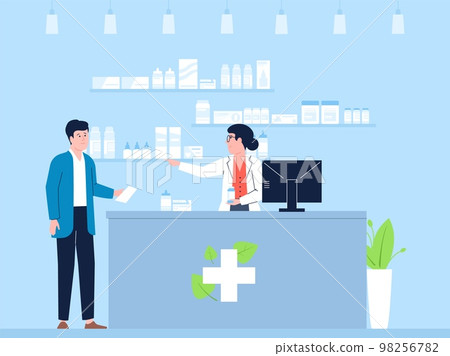 Pharmacist and patient in drugstore. Medical client buy pills, pharma business retail. Customer in clinic store, medical recent vector healthcare scene 98256782
