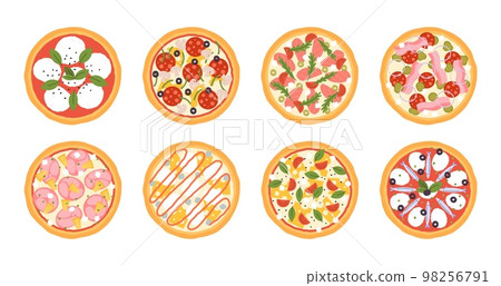 Tasty pizza set. Pizzas with onion salami and cheese, raw ingredients. Italian food top view icons. Cartoon isolate pizzeria racy vector elements 98256791