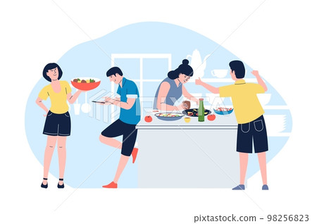 Friends cooking together. Happy weekend, family on kitchen cook dinner with fresh vegetables. Flat people on culinary workshop, vector concept 98256823