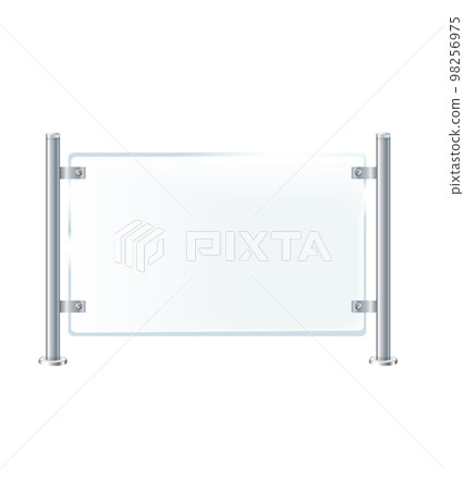 Glass or plexiglass fence with banisters. Architectural guardrail for balcony or office terrace. 98256975