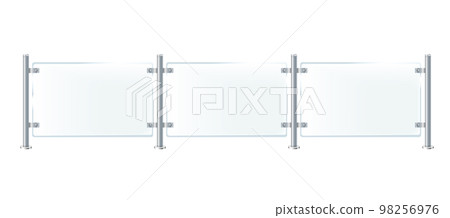 Glass or plexiglass fence with banisters. Architectural guardrail for balcony or office terrace. Glass or plexiglass fence with banisters. Architectural guardrail for balcony or office terrace. 98256976
