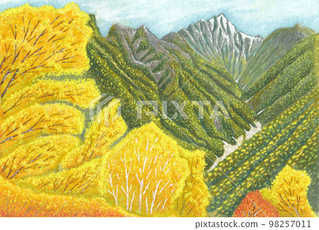 日本的秋天 從南阿爾卑斯山的林間小道眺望紅葉的絕景 背山的海駒岳 日本的秋天 從南阿爾卑斯山的林間小道眺望紅葉的絕景 背山的海駒岳 98257011