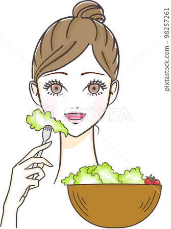 Young and beautiful woman illustration eating salad 98257261