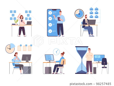 Organizing work efficiency. Successful organization effective work, organize tasks priority timing scheduling time email agenda office management goal, splendid vector illustration 98257485