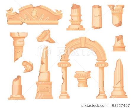 Broken columns. Ruin stone pillars of greek roman palace, old doric architecture historical marble column and arch, colonnade antic rome order temple, ingenious vector illustration Broken columns. Ruin stone pillars of greek roman palace, old doric architecture historical marble column and arch, colonnade antic rome order temple, ingenious vector illustration 98257497