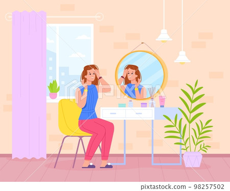 Front mirror skincare. Beautiful woman make skin care or doing makeup, girl clean washing face of moisture facial cream in home bathroom morning routine, swanky vector illustration 98257502