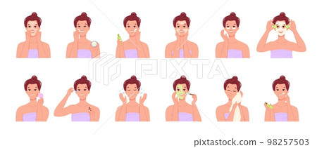 Women cleaning skin. Woman face purity, steps facial clean, skincare infographic, healthy feminine beauty tonic oilwash dropper scrub toner cosmetology, swanky vector illustration 98257503