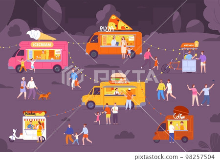 Night street eating. People stall street food market, outdoor fair eat booth fairshops summer holiday festival snacking store craft counter restaurant splendid vector illustration 98257504