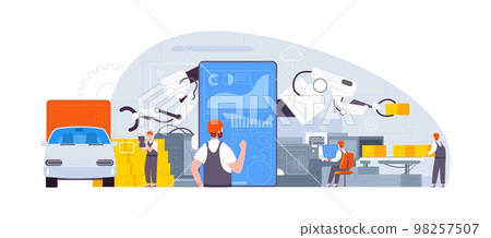 Factory wireless control. Managers using smart technology of physical control manufacturing in digital tablet data information 98257507