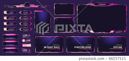 Twitch streaming interface. Stream overlay screens future theme neon design, online game live camera frame digital facecam panel for cyber gamers and streamers, vector illustration 98257521