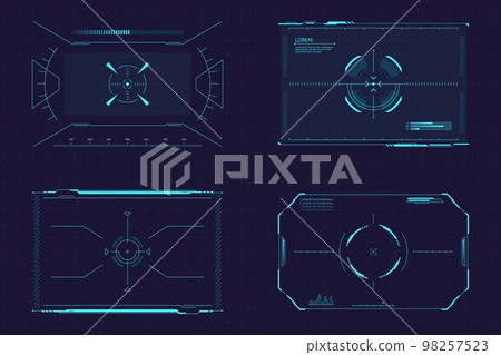Hud target screens. Targeting focusing screen sci fi monitor, crosshair in helmet eye square display, aim focus futuristic digital interface army drone, game ui vector illustration 98257523