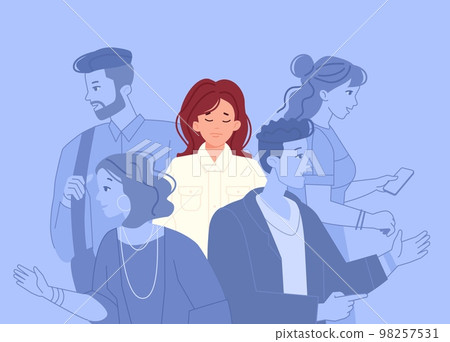 Woman outcaste. Lonely girl in indifferent crowd, depressed child alone at social communicating silhouettes, depressed female emotional mental solitude concept vector illustration 98257531