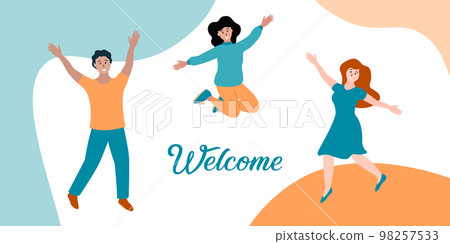 Welcome banner. Happy young people jumping and smiling. Friends together. Horizontal banner for website with text Welcome. Vector illustration 98257533