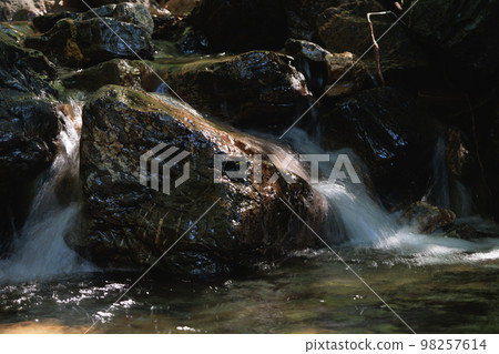 Close-up of Motion-Blurred Water Rapids Flowing over a Stone 98257614