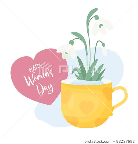 Blooming bunch snowdrops flowers in spring cup. Happy Womens Day greeting card. Gentle forest white flower common snowdrop. Vector illustration. For design, decoration and printing. 98257698