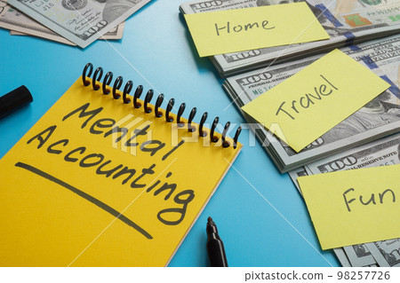Stacks of money and inscription in the notepad Mental accounting. Stacks of money and inscription in the notepad Mental accounting. 98257726