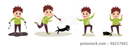 Naughty Little Boy Playing and Misbehaving Vector Set Naughty Little Boy Playing and Misbehaving Vector Set 98257801