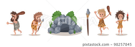 Stone Age with Cave and Man with Bludgeon Weapon Vector Set 98257845