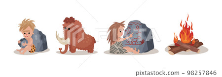 Stone Age with Caveman, Bonfire and Mammoth Vector Set 98257846