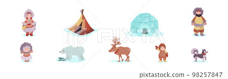 Alaska with Happy Inuit or Eskimo Character, Animals and Igloo Vector Set 98257847