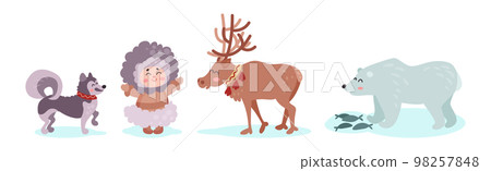 Alaska with Happy Inuit or Eskimo Girl Character and Animals Vector Set 98257848