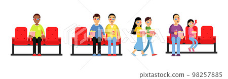 Happy People In Cinema Theatre with Popcorn Wearing 3D Glasses Vector Set Happy People In Cinema Theatre with Popcorn Wearing 3D Glasses Vector Set 98257885