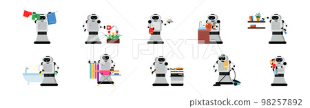 Robot Doing Housework Cleaning and Housekeeping Vector Set Robot Doing Housework Cleaning and Housekeeping Vector Set 98257892