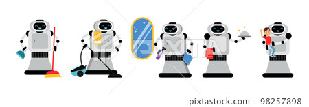 Robot Doing Housework Cleaning and Housekeeping Vector Set Robot Doing Housework Cleaning and Housekeeping Vector Set 98257898