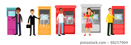 People Characters at ATM Machine Making Payment and Getting Cash Vector Set 98257904