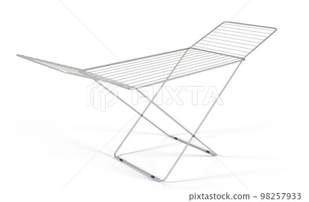 Laundry drying rack isolated on white background 3d render icon. Realistic mockup of folding floor dry equipment for wet clean clothes, empty silver metal or plastic hanger angle view Laundry drying rack isolated on white background 3d render icon. Realistic mockup of folding floor dry equipment for wet clean clothes, empty silver metal or plastic hanger angle view 98257933