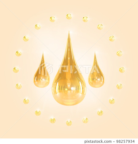 Golden drops of oil, serum droplets or honey on beige background 3d render. Circle of clear bubbles or gold pearls with liquid yellow drips cosmetic. Mockup banner argan or jojoba oil Golden drops of oil, serum droplets or honey on beige background 3d render. Circle of clear bubbles or gold pearls with liquid yellow drips cosmetic. Mockup banner argan or jojoba oil 98257934