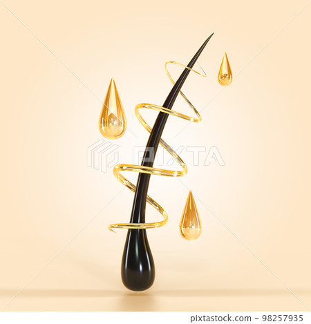 Hair follicle oil cosmetics with spiral and drops gold liquid, keratin or serum on beige background 3d render. Treatment and repair of damaged hair structure, mockup ad promo banner 98257935
